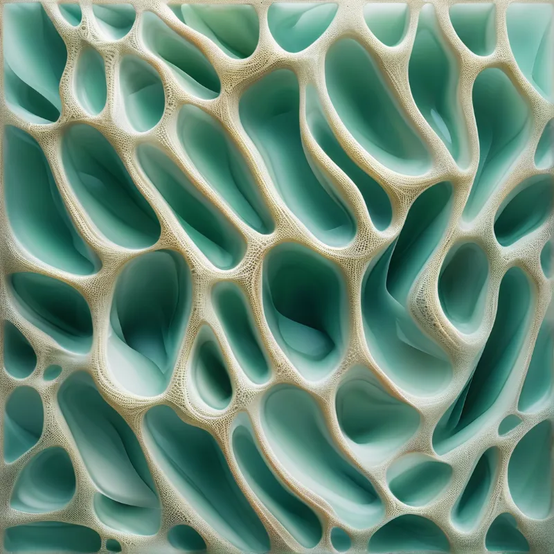 A macro view of a porous beige structure separating deep teal cavities with smooth organic curves and soft light.