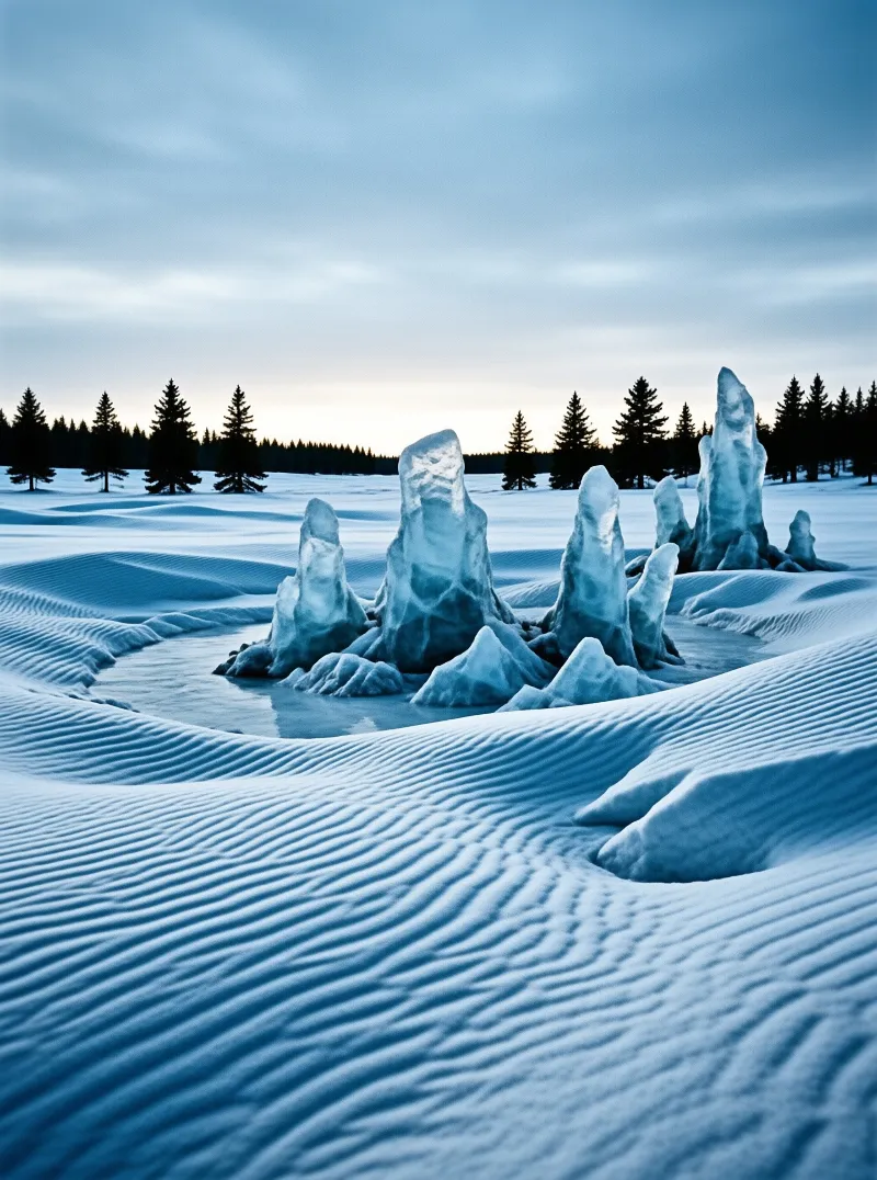Tall ice formations rise from rippled snow in a frozen field with evergreen trees under a pale sky.