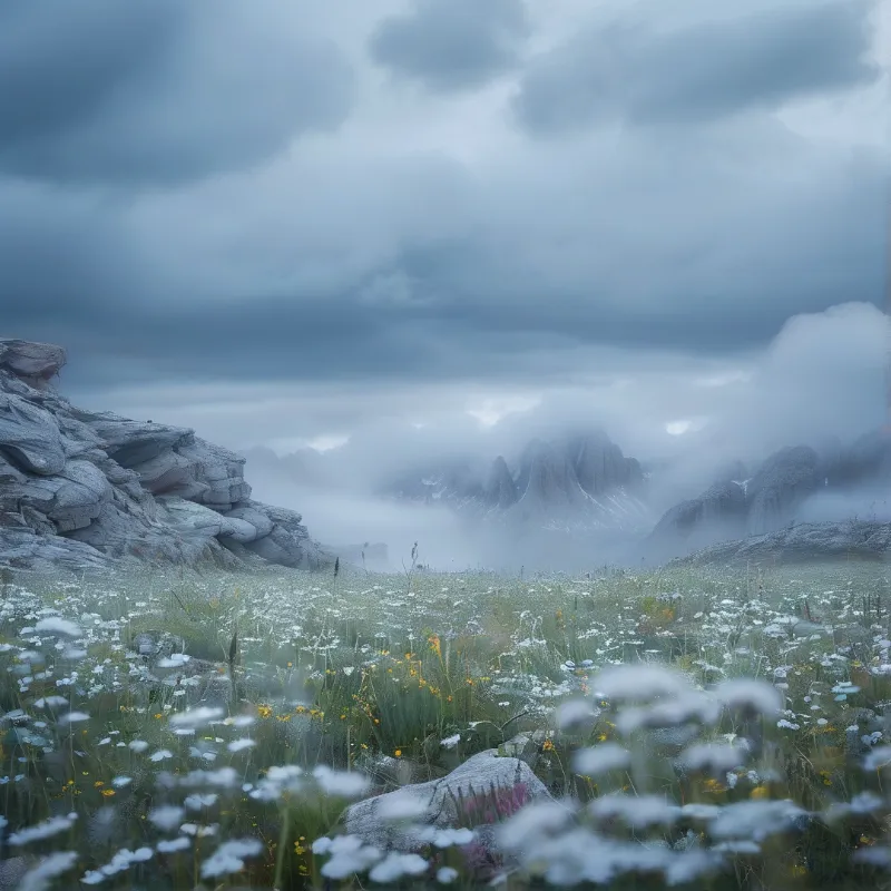 Misty Alpine Wildflower Meadow
