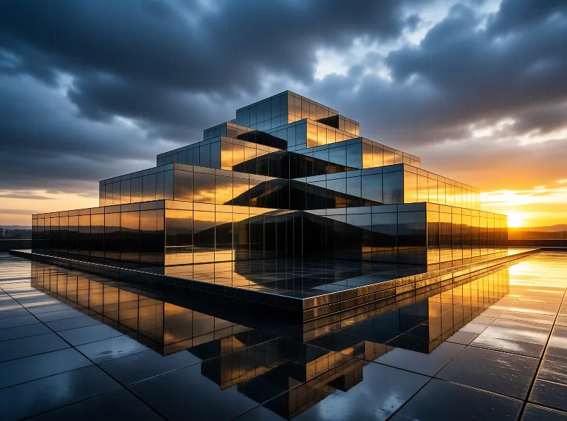 A stepped geometric building covered in mirrored panels captures the orange glow of the horizon beneath heavy clouds.