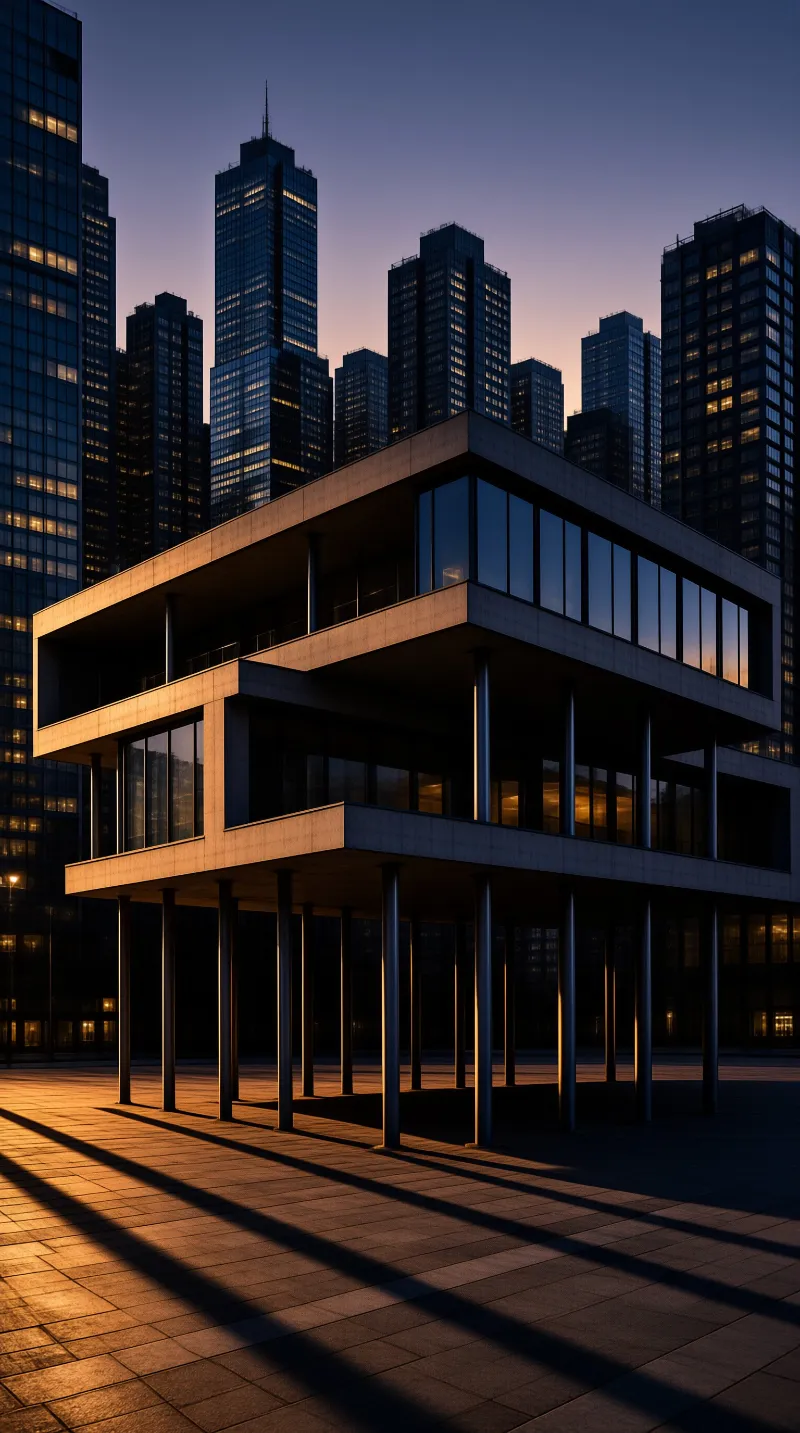 A low-rise modern building with a glass facade and prominent vertical pillars stands on a paved plaza, surrounded by tall skyscrapers under a fading blue sky while warm interior lights illuminate the ground floor and cast long shadows across the ground.