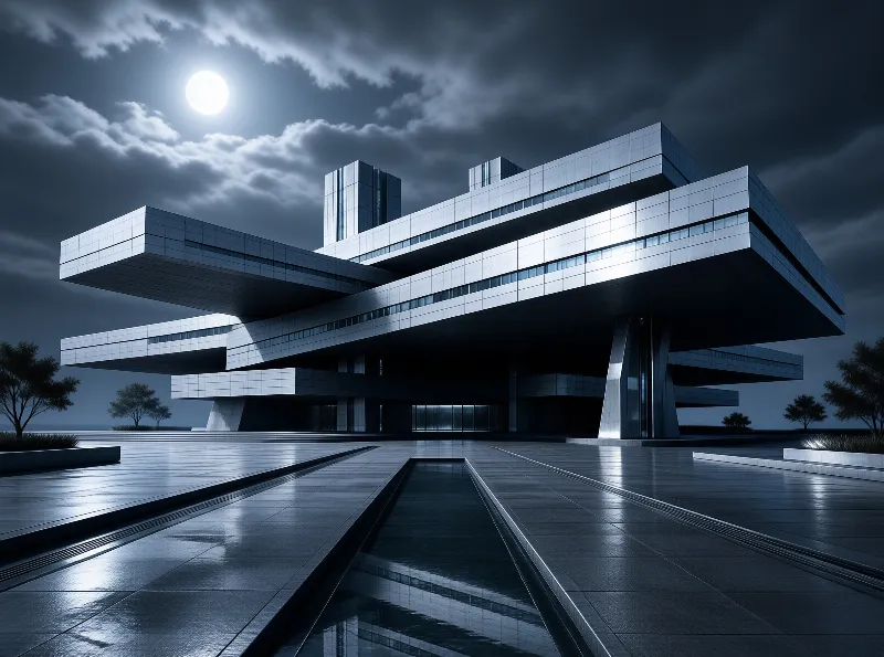 A geometric building with overhanging levels stands under a cloudy night sky with a bright moon reflecting on the ground.