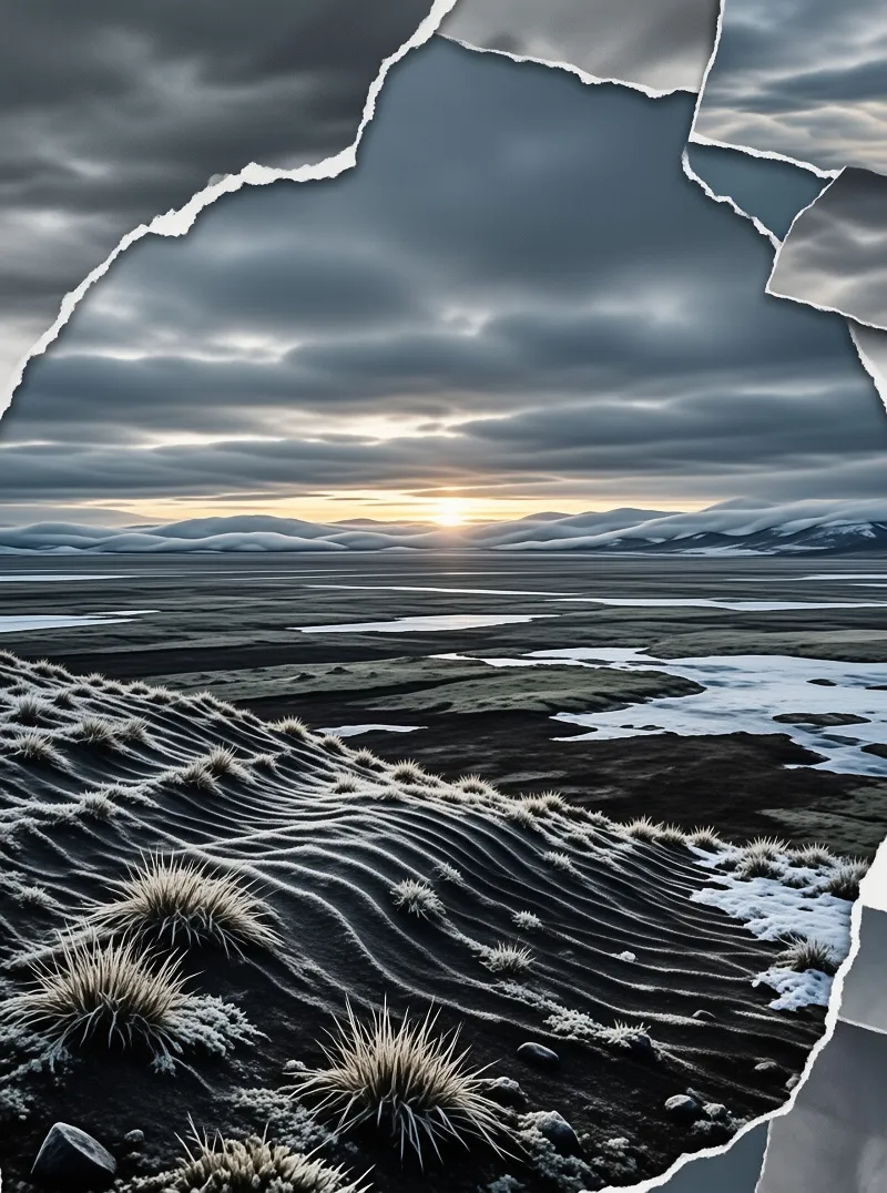 Frozen tundra with black sand dunes, frosty grass, and snowy hills under a cloudy sky, framed by torn paper edges.