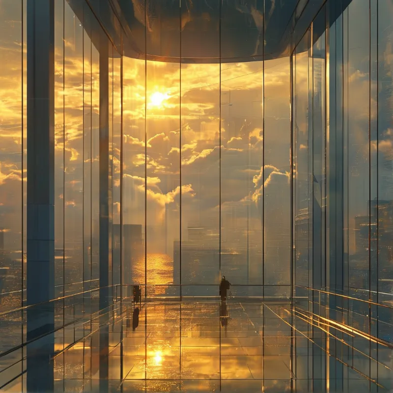A transparent walkway overlooks a hazy cityscape during golden hour with sunlight reflecting on the glass.