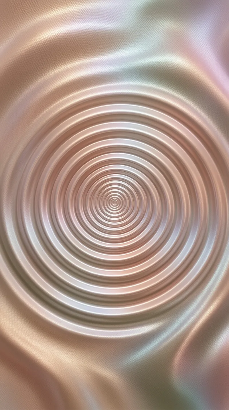 Glossy concentric waves sink into a shimmering blush and silver fabric, glowing with soft iridescent light.