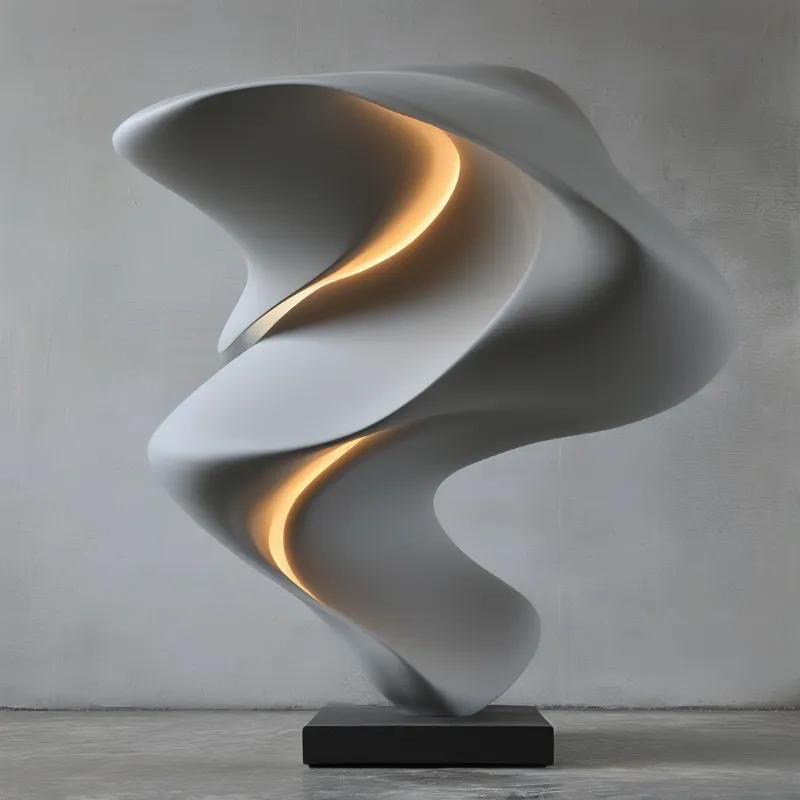 White abstract sculpture on black base against grey wall with warm golden light glowing inside its curved hollows.