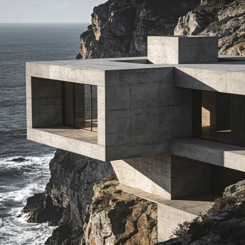 Villa with Brutalist Massing — Coastal Cliff