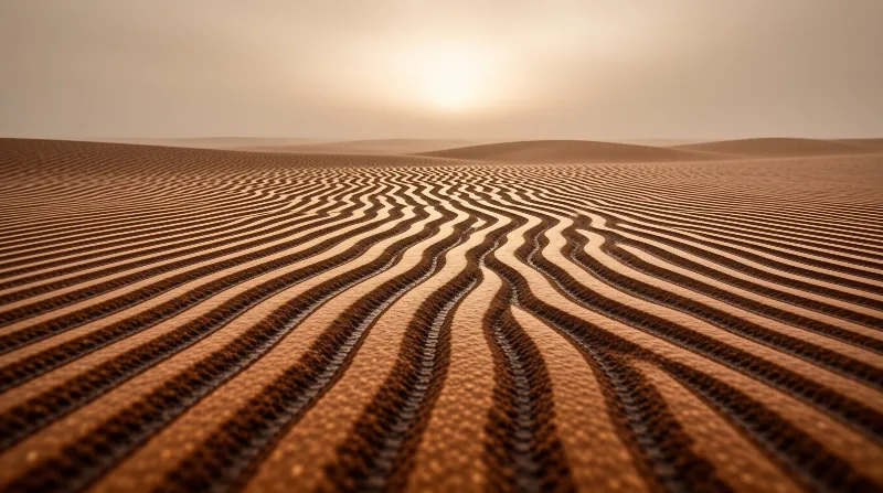 Rhythmic sand ripples cover a vast desert landscape illuminated by a bright hazy sun casting warm shadows.
