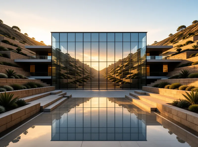 A symmetrical glass building sits between terraced hills, with a pool reflecting the sunset sky and structure.