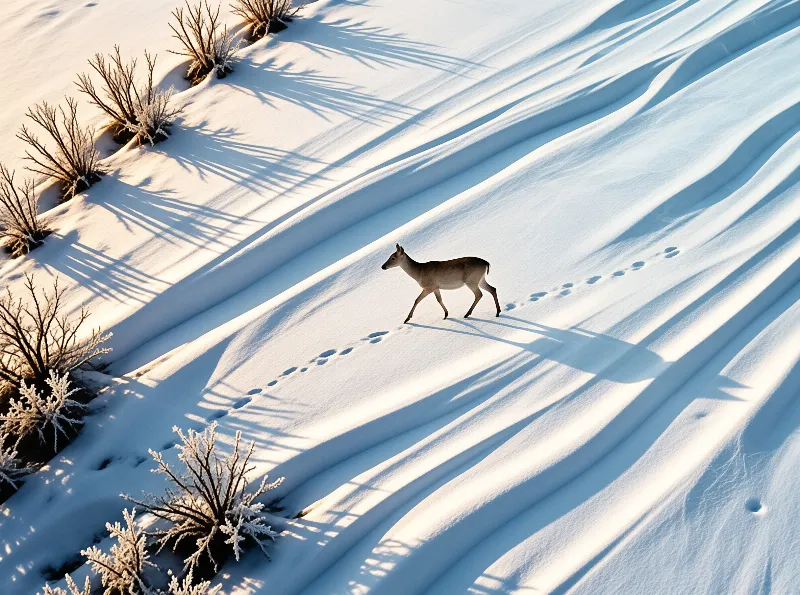 A deer walks across a snowy slope leaving footprints while bare bushes cast long shadows in the sunlight.