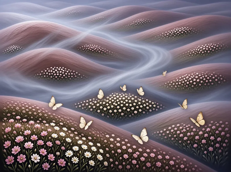 A flock of pale yellow butterflies flies through low drifting fog across soft rolling hills carpeted in pink and white wildflowers at dawn.