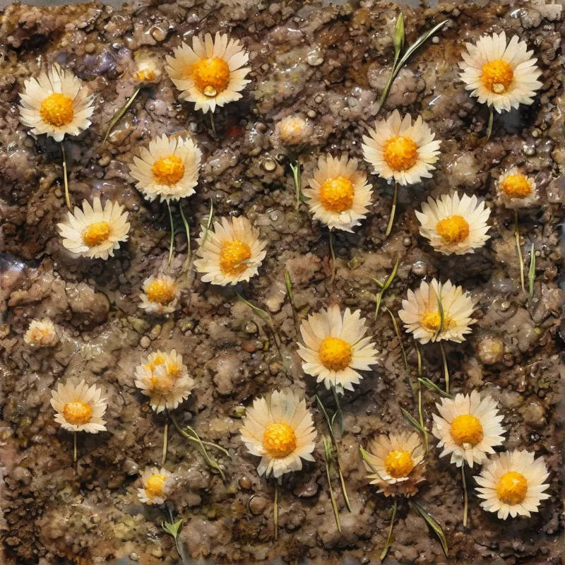Numerous pale strawflowers with golden centers lie spread across damp, clumpy brown mud in diffuse soft light.