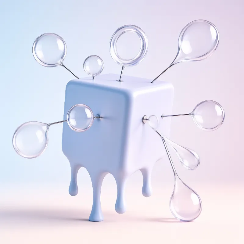 A light blue melting cube features clear glass spheres attached to thin stems against a soft pastel gradient background.