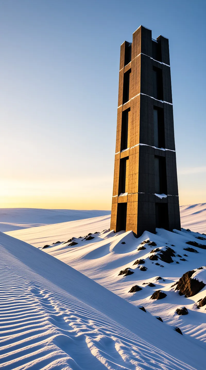 A dark concrete tower rises from a snowy ridge bathed in warm golden light casting shadows across the white terrain.