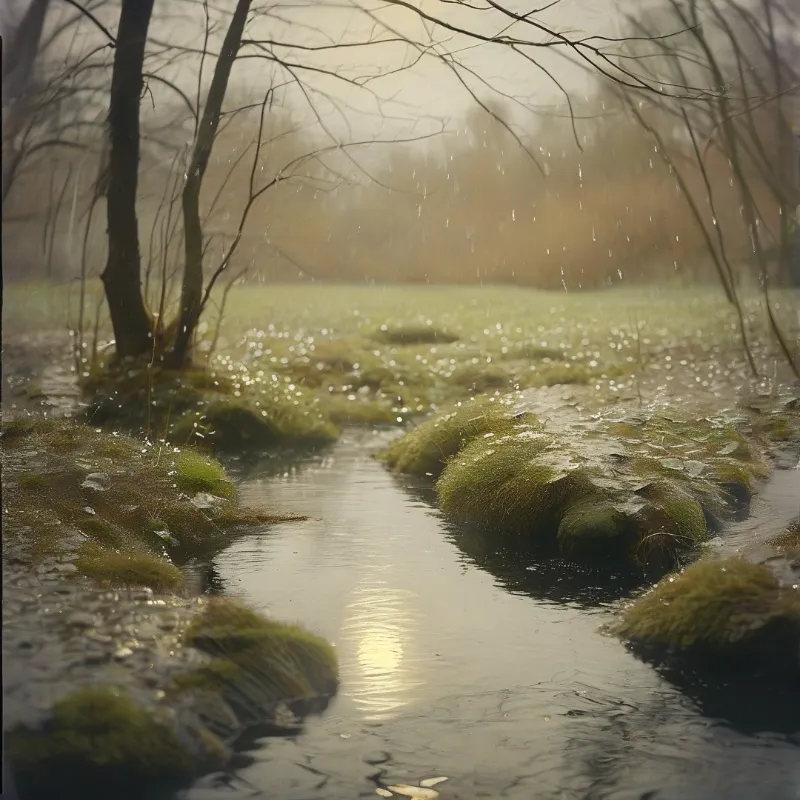 Rain falls over moss-covered wet stones at a shallow stream in a hazy sunlit forest in the background.