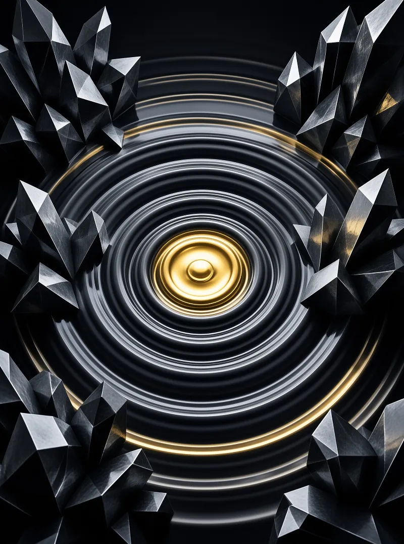 Concentric waves of polished black metal focus on a glowing gold core framed by faceted obsidian spikes