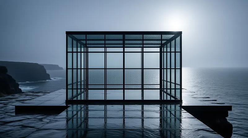 An open steel-framed glass box stands on wet stone slabs above a hazy ocean under a pale diffused sun.