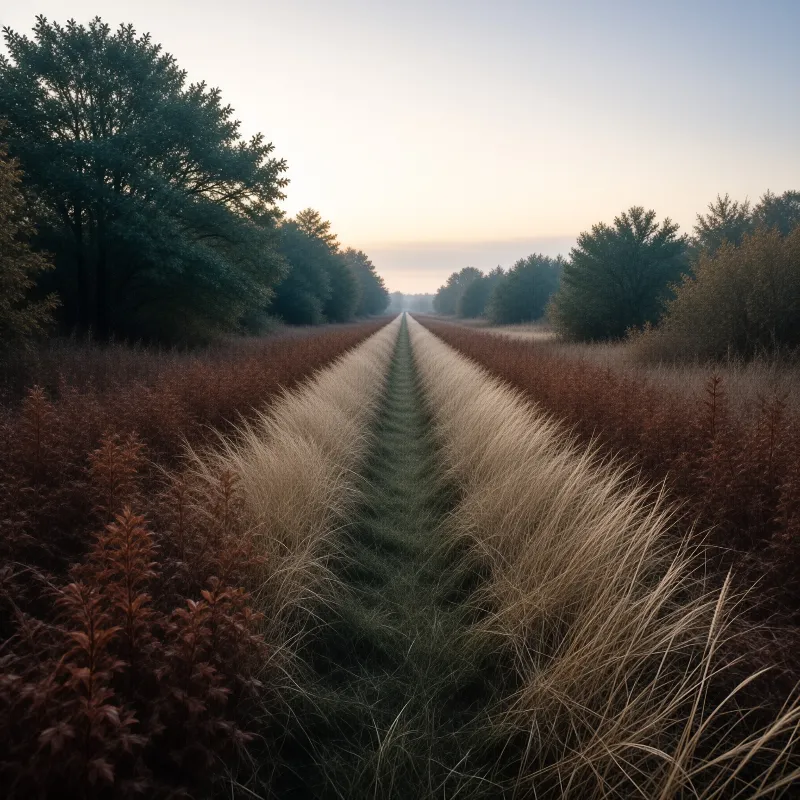 A straight dirt path winds through tall golden grasses and red shrubs, framed by tree lines under a soft, hazy dawn sky.