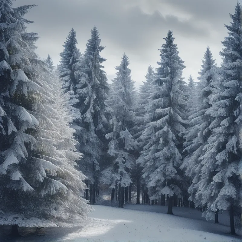 Tall evergreen trees heavy with white snow stand along a winding path under a cloudy sky