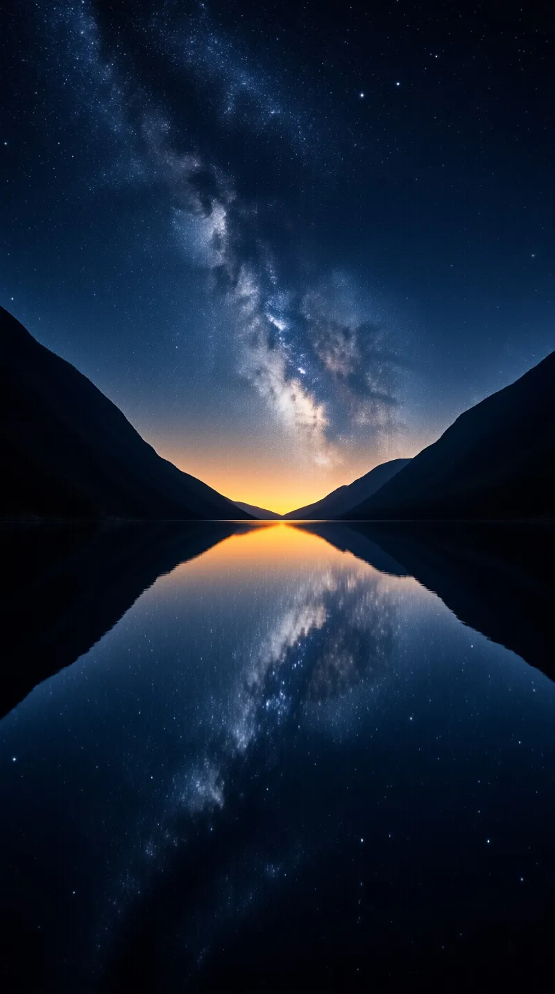 The Milky Way galaxy arches over dark mountains as a calm lake mirrors the starry sky and a warm horizon glow