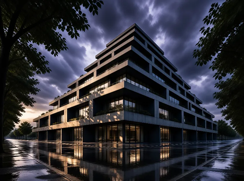 Multi-story concrete structure sits on a rain-soaked plaza reflecting warm interior lights against a darkening blue sky.