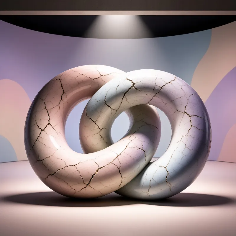 Two glossy rings with a cracked surface are interlocked beneath a focused light illuminating soft pastel colors.