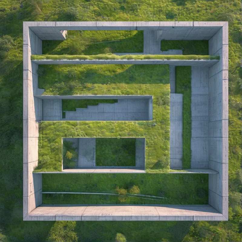 Aerial view of a rectangular concrete structure with internal walls surrounded by grassy terrain and trees.