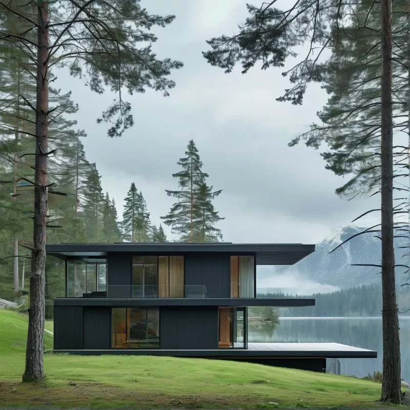 A dark two-story cabin with large glass windows sits on a grassy slope by a still lake, framed by pine trees under cloudy skies.