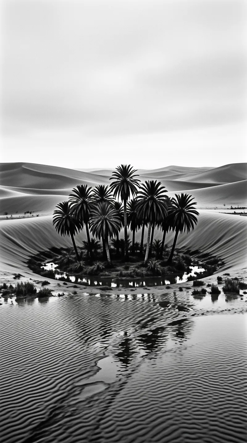 A cluster of tall palms stands alone in a desert oasis surrounded by smooth sand dunes and reflecting water.
