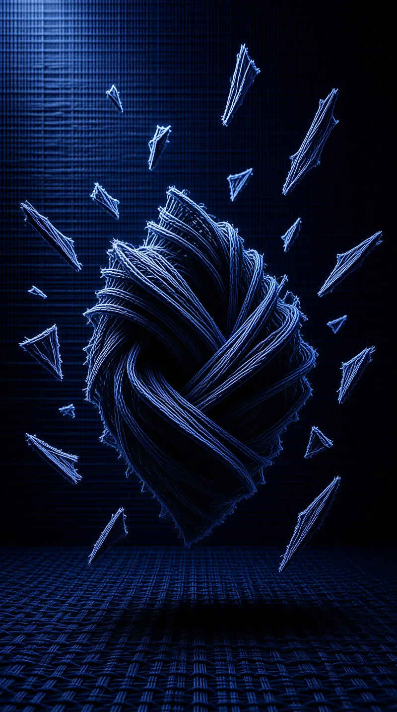 Blue fiber knot floats surrounded by sharp fragments against a dark grid backdrop illuminated by cool light.