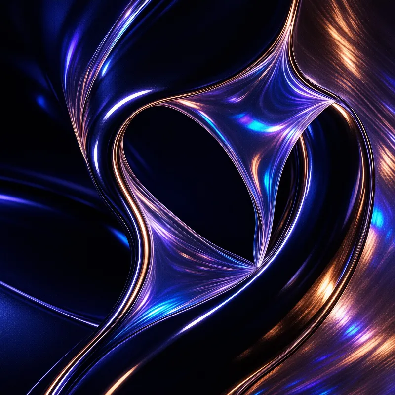 Flowing metallic shapes twist together within a dark void with glowing blue and orange edges.