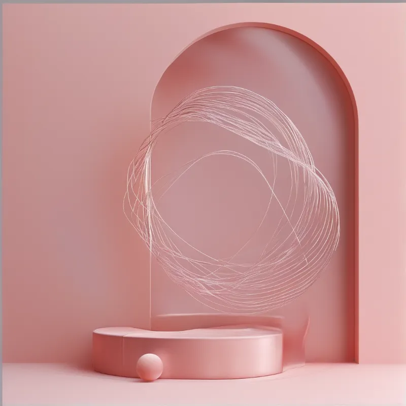 Minimalist pink room with wireframe circular sculpture, curved platform, and small sphere near an arched wall.