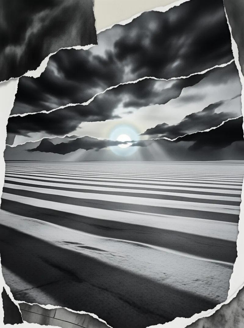 Black and white scene of rippled sand dunes under a cloudy sky with a bright sun, framed by torn paper edges.