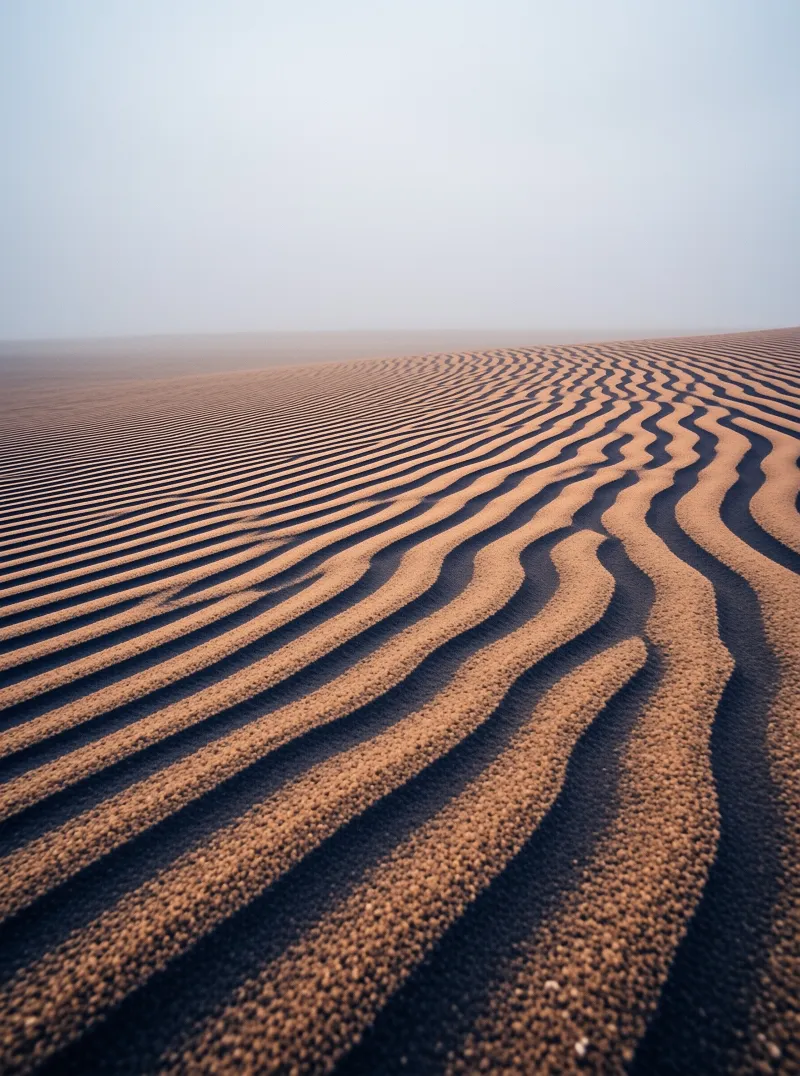 Close raked grooves run over golden sand toward a soft horizon under a pale hazy sky.
