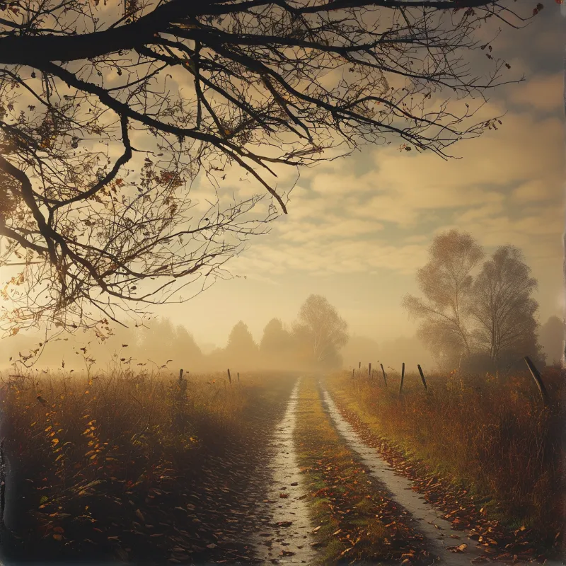 A rutted muddy rural path leads into soft golden misty light, framed by bare tree branches and autumn grasses.