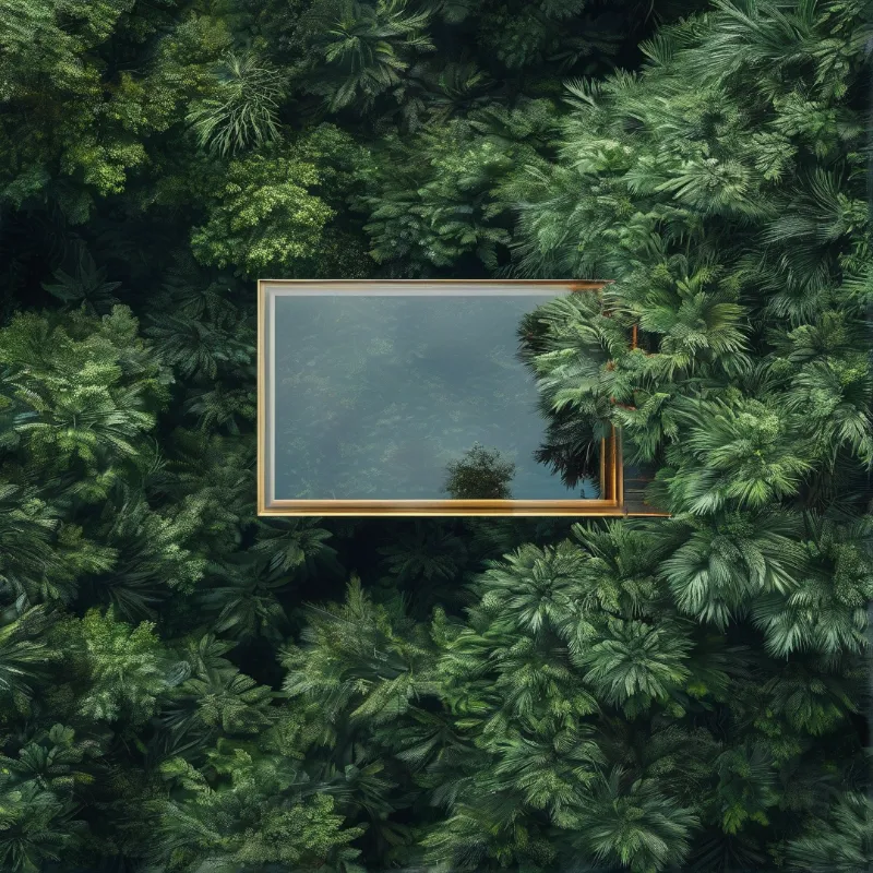 A rectangular frame rests hidden within a dense canopy of varied green palm and broadleaf trees filtering soft daylight.