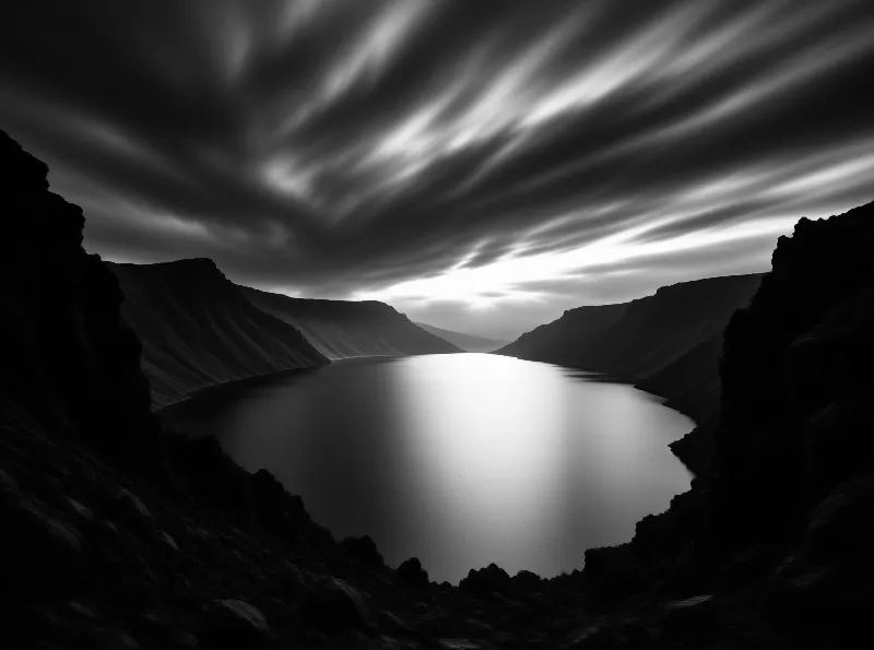 Volcanic caldera water mirrors a pale sky as streaked clouds sweep across a high contrast monochrome landscape