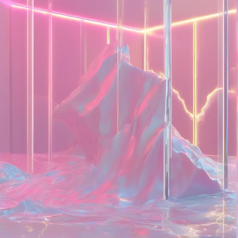 An iridescent digital peak rises from a rippling liquid floor inside a hall of glass columns and pink neon lines