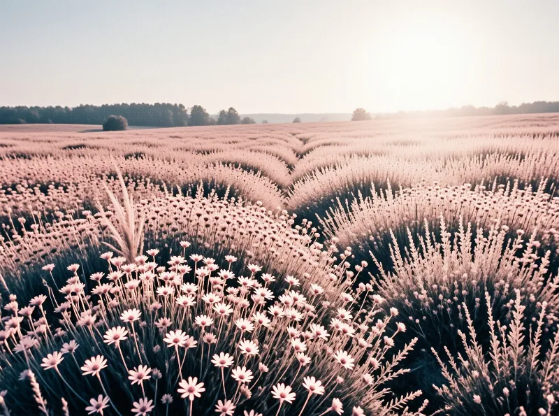 Lavender rows wind through a valley filled with soft pink light and scattered white wildflowers near the base.