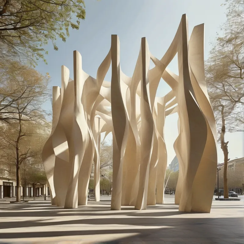 Beige abstract sculpture in sunlit plaza with autumn trees casting long shadows on the ground