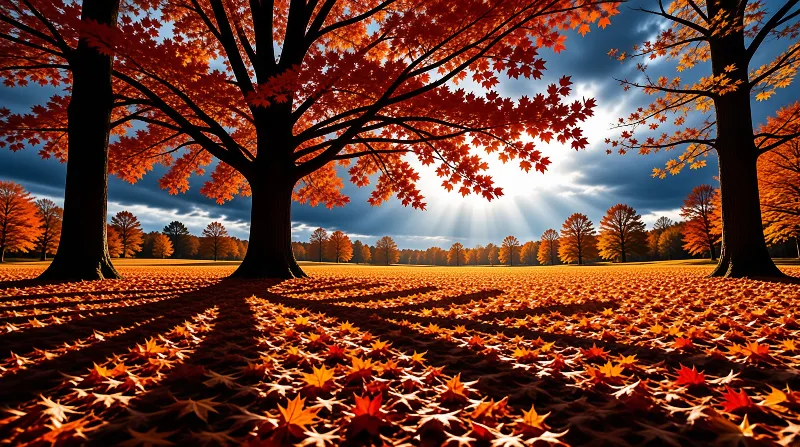 Sunlit Autumn Maple Forest