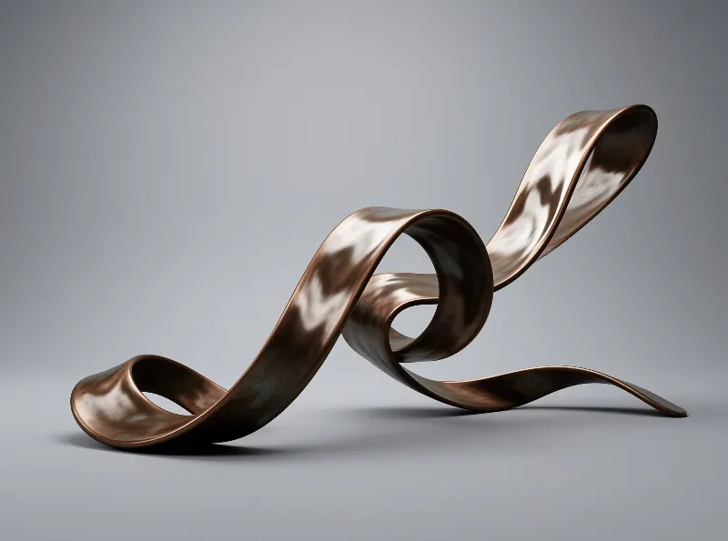 A twisting copper-colored metal ribbon forms an abstract shape against a plain gray background with soft highlights.