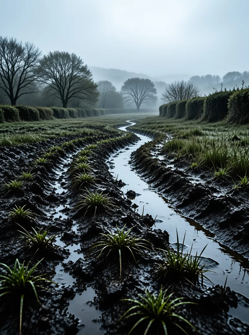 A narrow water channel cuts through wet earth with grass clumps while hedges disappear into misty distance.