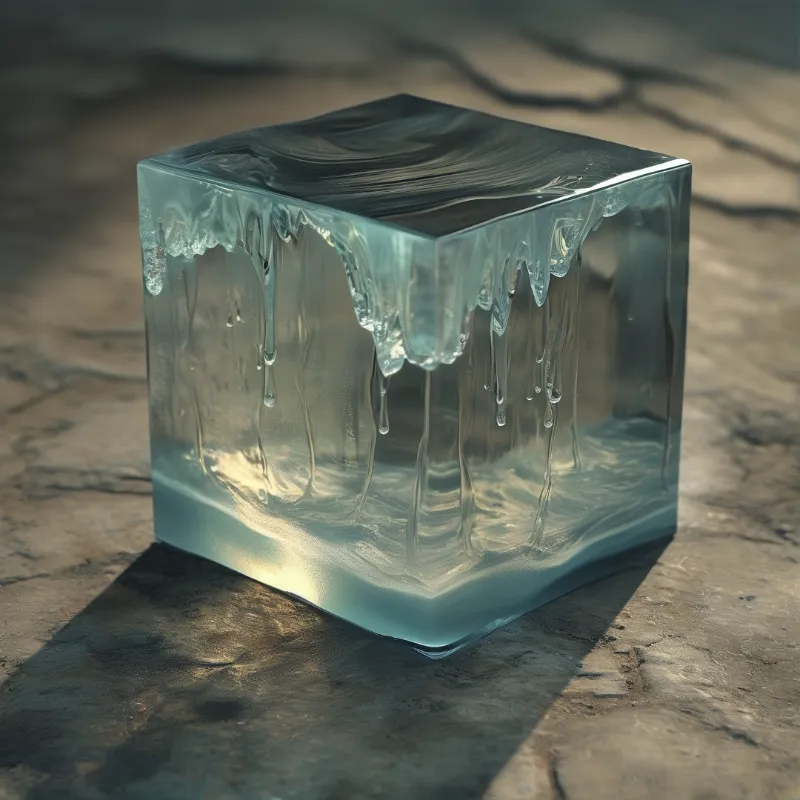 A large translucent block of ice melts onto a rough grey stone surface, casting a soft shadow under warm directional light.