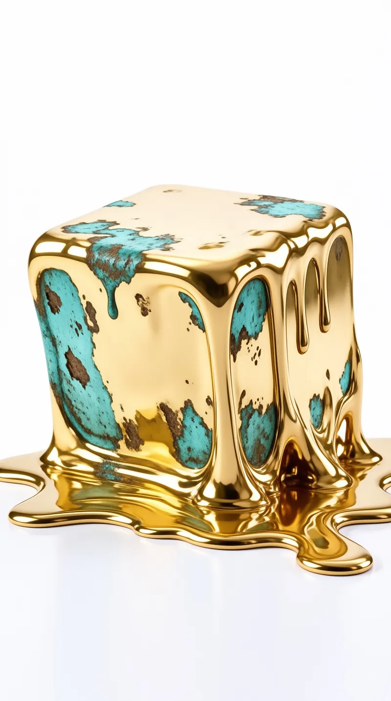 A shiny golden cube melts onto a white surface revealing irregular patches of teal oxidation on its sides.