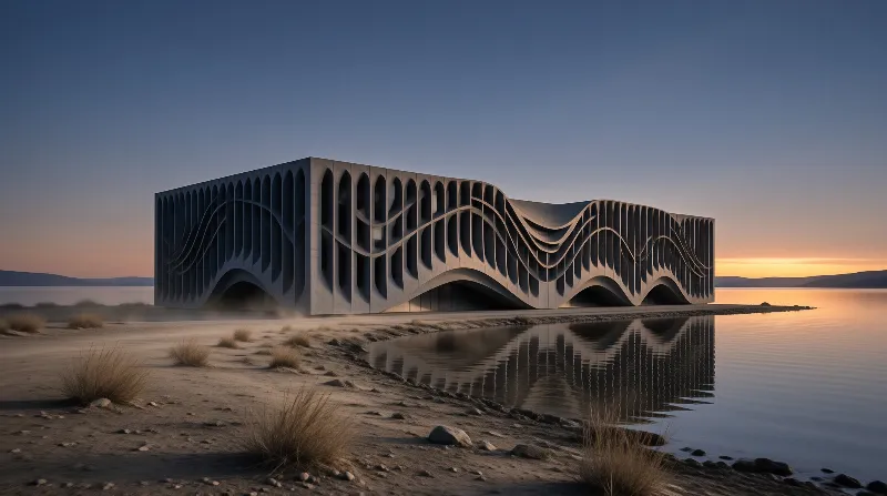A parametric concrete structure with undulating arched openings reflects in a still salt lake at sunset