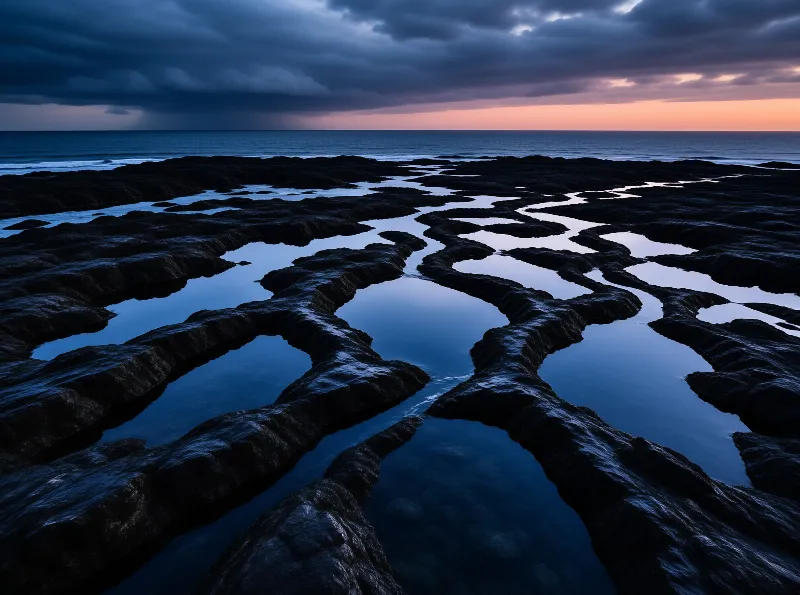 Rain pools and narrow creeks trace a dark eroded rock platform as a storm cloud bank hangs over a pink dusk horizon.