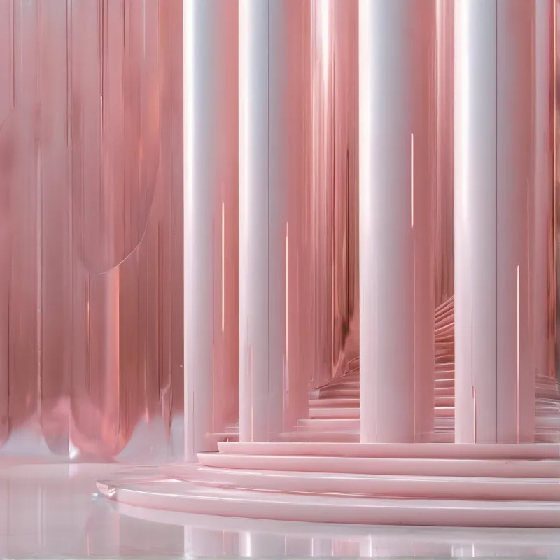 Pastel pink columns and a spiral staircase create a dreamy, minimalist architectural space with reflective surfaces.