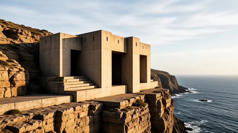 Modern concrete building on coastal cliff with geometric openings and golden sunlight illuminating the structure