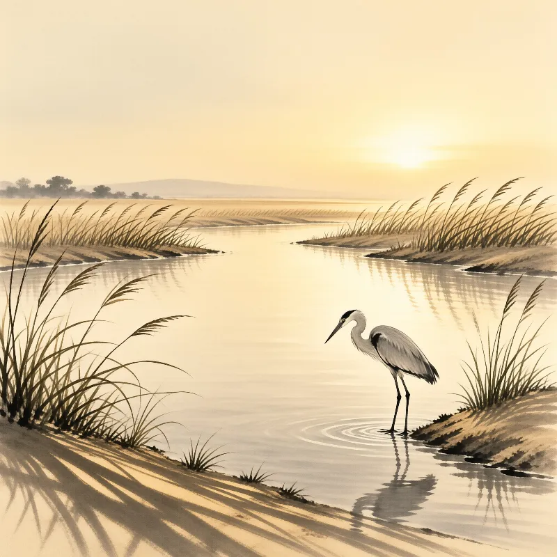 A grey heron stands in calm shallow water near tall reeds under a warm golden sky reflecting on the surface.